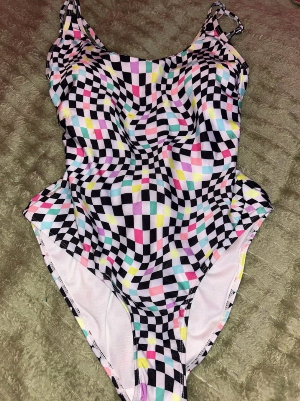 No Boundaries Black & White Checkerboard One-Piece Swimsuit with Pastel Accents